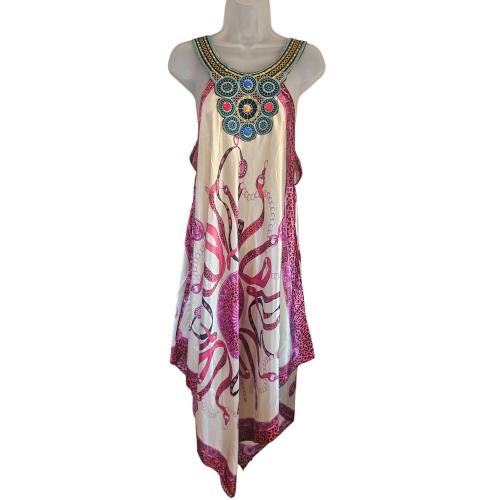India 100% Silk Bohemian Dress White Purple Pink Beaded Embroidered One Size - Picture 2 of 9